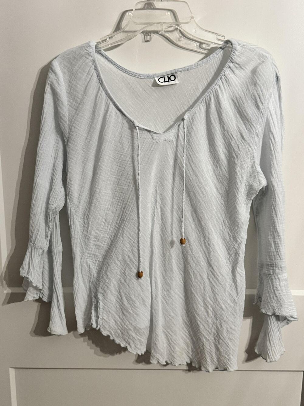 CLIO Tunic Blouse Sz M Blue Crinkle Cotton Bell Sleeve Boho Peasant Top USA